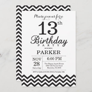 13th Birthday Invitation Black and White Chevron