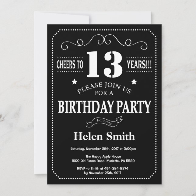 13th Birthday Invitation Black White Chalkboard (Front)