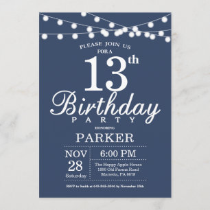 13th Birthday Invitation Blue