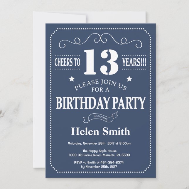 13th Birthday Invitation Blue and White (Front)