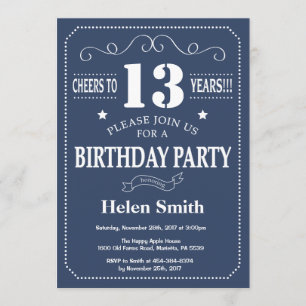 13th Birthday Invitation Blue and White