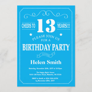 13th Birthday Invitation Blue and White