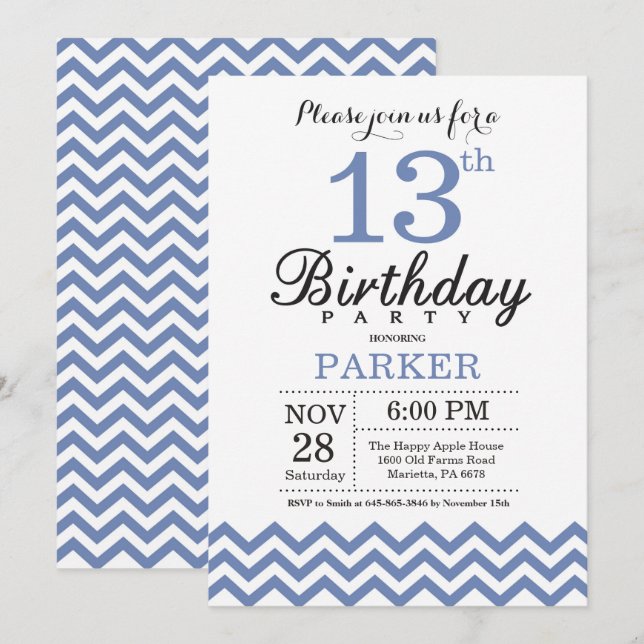 13th Birthday Invitation Blue Chevron (Front/Back)