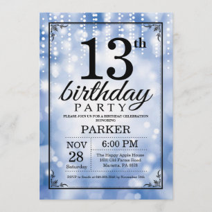 13th Birthday Invitation Blue Glitter