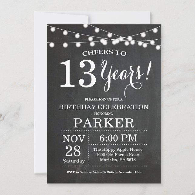 13th Birthday Invitation Chalkboard (Front)