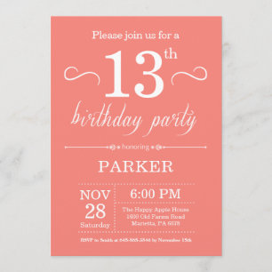 13th Birthday Invitation Coral