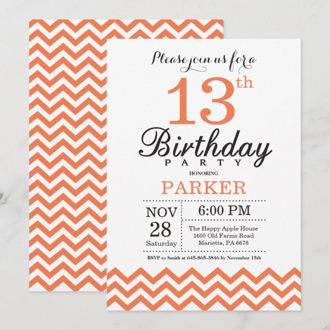 13th Birthday Invitation Coral Chevron (Front/Back)