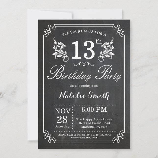13th Birthday Invitation Floral Chalkboard (Front)