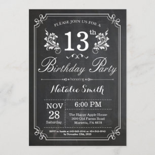 13th Birthday Invitation Floral Chalkboard