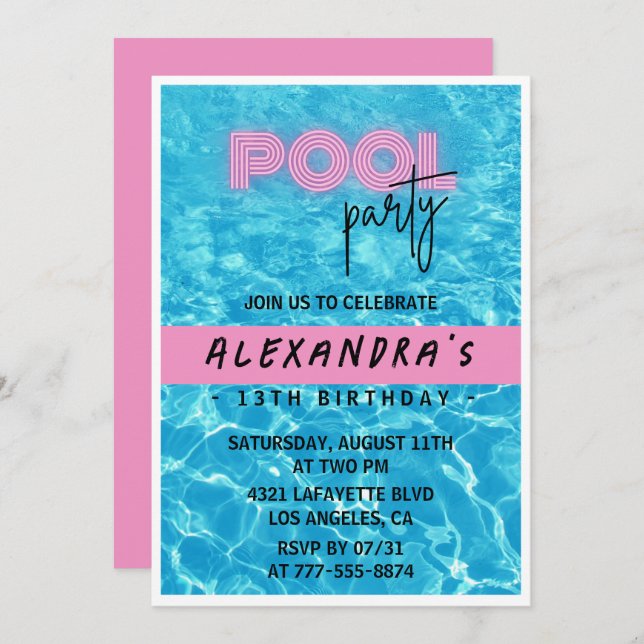 13th birthday invitation for her Pool Party Summer (Front/Back)