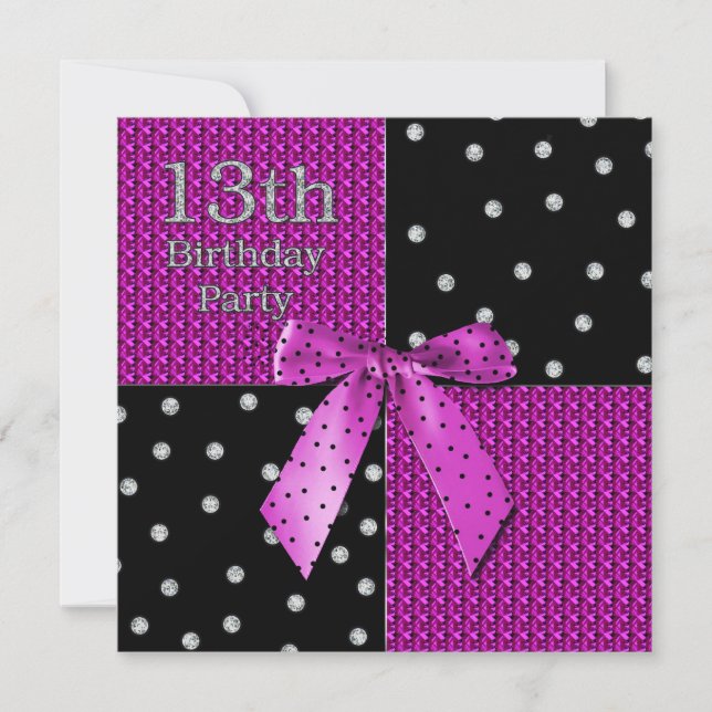 13th Birthday Invitation -Fuchsia/Black Polka Dots (Front)
