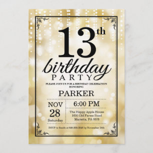 13th Birthday Invitation Gold Glitter