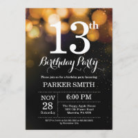 13th Birthday Invitation Gold Glitter