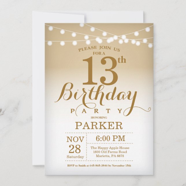 13th Birthday Invitation Gold String Lights (Front)