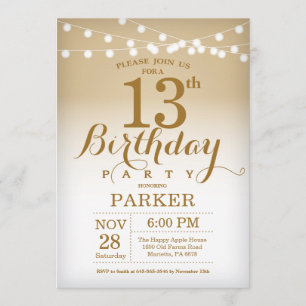 13th Birthday Invitation Gold String Lights