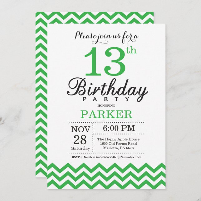 13th Birthday Invitation Green Chevron (Front/Back)