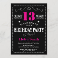 13th Birthday Invitation Hot Pink Black Chalkboard
