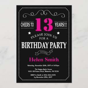 13th Birthday Invitation Hot Pink Black Chalkboard