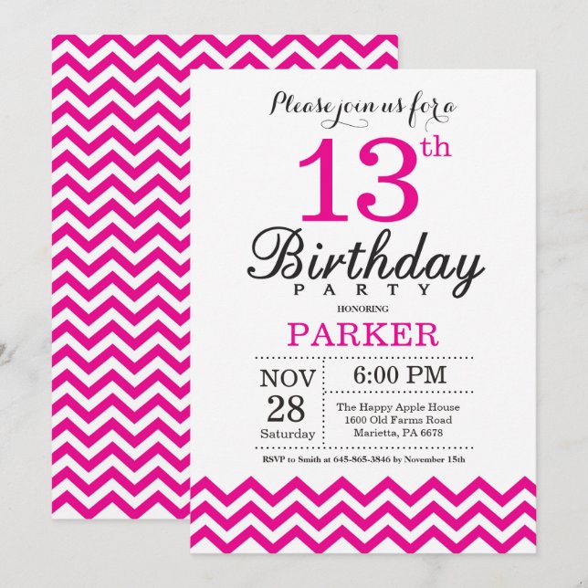 13th Birthday Invitation Hot Pink Chevron (Front/Back)