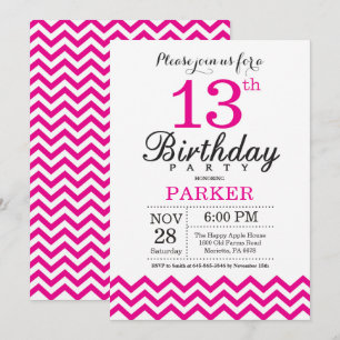 13th Birthday Invitation Hot Pink Chevron