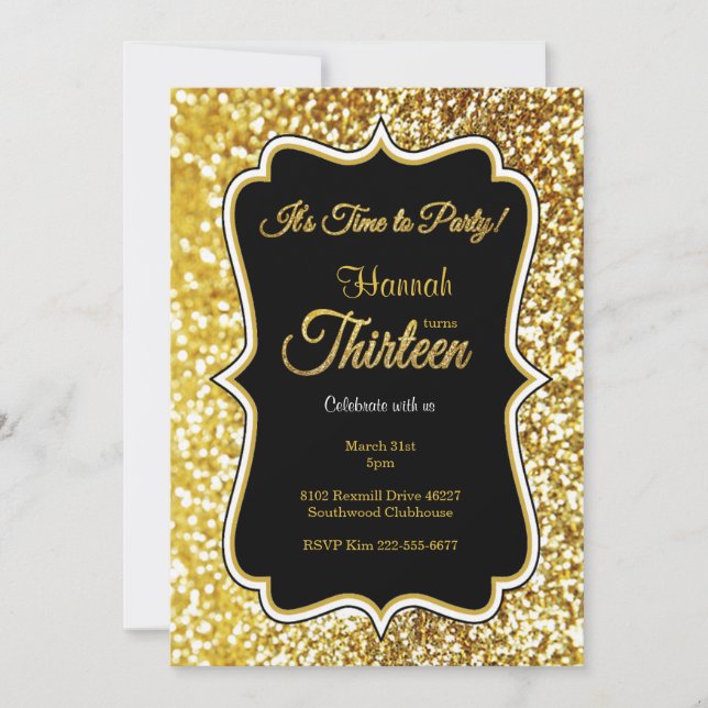 13th birthday invitation in black and gold (Front)