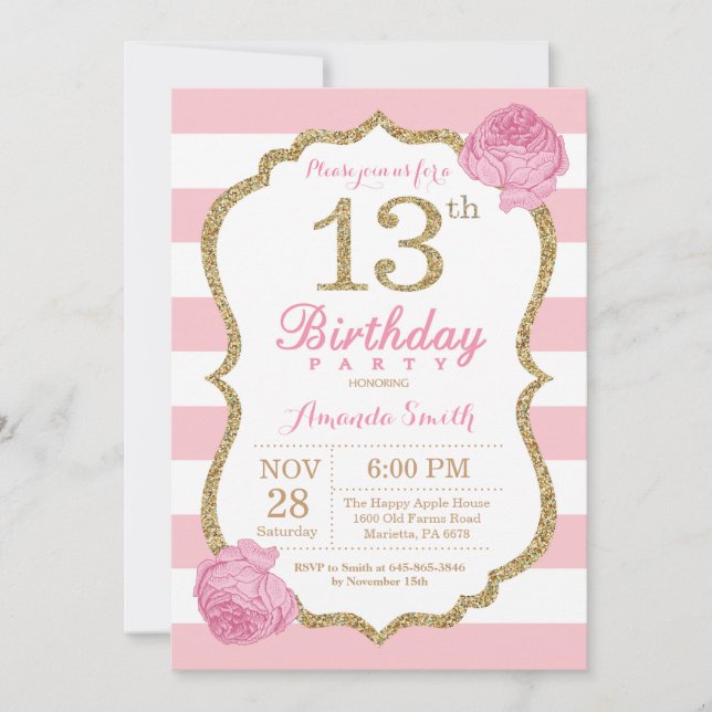 13th Birthday Invitation Pink and Gold Floral (Front)