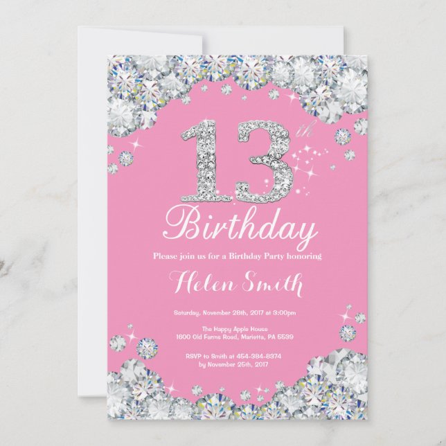 13th Birthday Invitation Pink and Silver Diamond (Front)