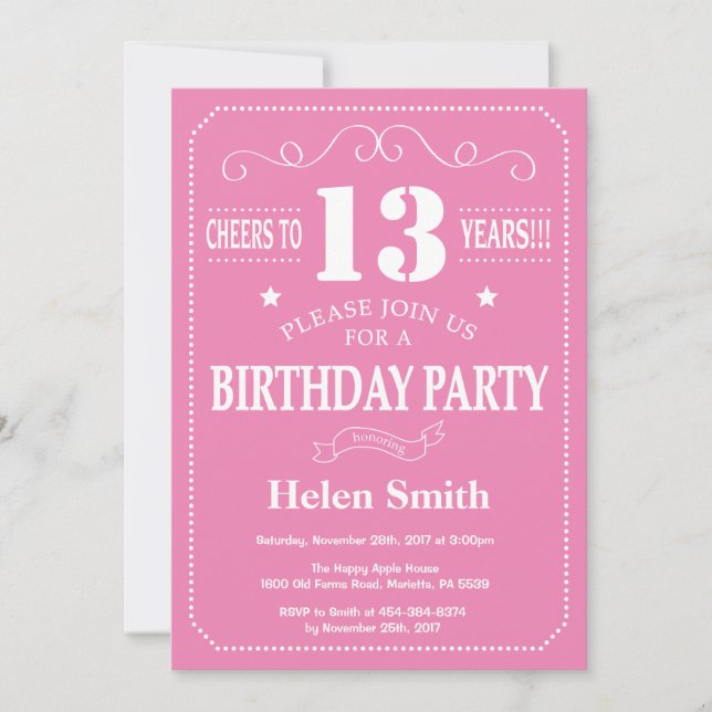 13th Birthday Invitation Pink and White (Front)