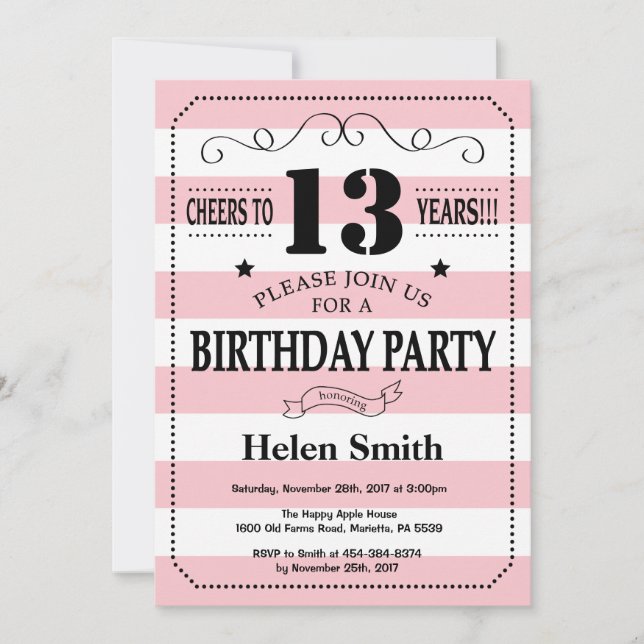 13th Birthday Invitation Pink and White Stripes (Front)