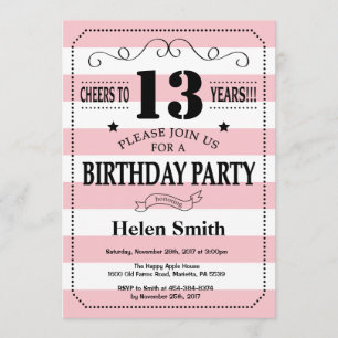 13th Birthday Invitation Pink and White Stripes
