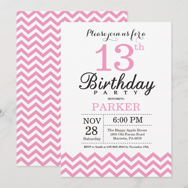 13th Birthday Invitation Pink Chevron (Front/Back)