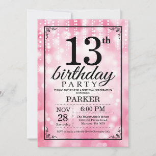 13th Birthday Invitation Pink Glitter