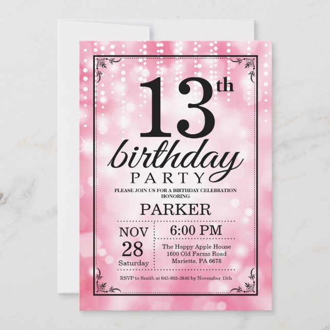13th Birthday Invitation Pink Glitter (Front)