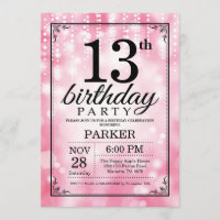 13th Birthday Invitation Pink Glitter