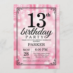 13th Birthday Invitation Pink Glitter