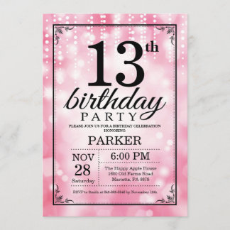 13th Birthday Invitation Pink Glitter