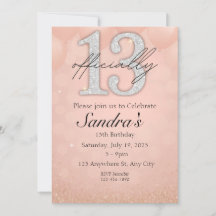 13th Birthday Invitation, Pink Glitter Party Card