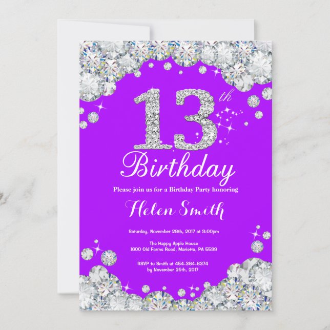 13th Birthday Invitation Purple and Silver Diamond (Front)