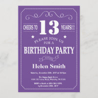 13th Birthday Invitation Purple and White