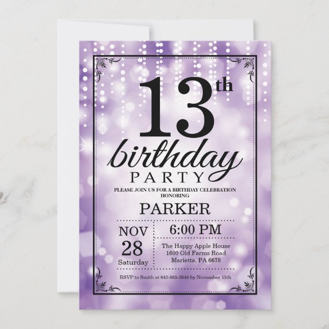 13th Birthday Invitation Purple Glitter (Front)