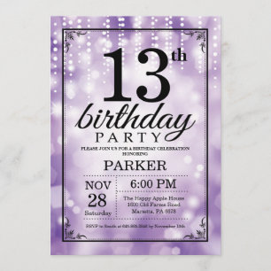 13th Birthday Invitation Purple Glitter