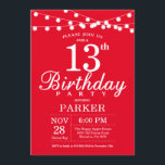 13th Birthday Invitation Red<br><div class="desc">13th Birthday Invitation with String Lights. Red Background. Kids Birthday. Boy or Girl Bday Invite. 13th 15th 16th 18th 20th 21st 30th 40th 50th 60th 70th 80th 90th 100th,  Any age. For further customisation,  please click the "Customise it" button and use our design tool to modify this template.</div>