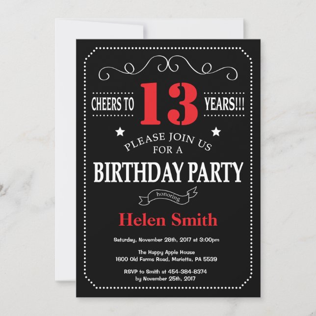 13th Birthday Invitation Red and Black Chalkboard (Front)