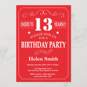 13th Birthday Invitation Red and White