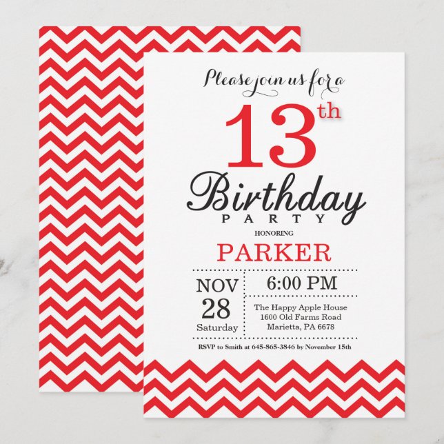 13th Birthday Invitation Red Chevron (Front/Back)