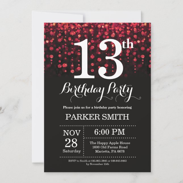 13th Birthday Invitation Red Glitter (Front)
