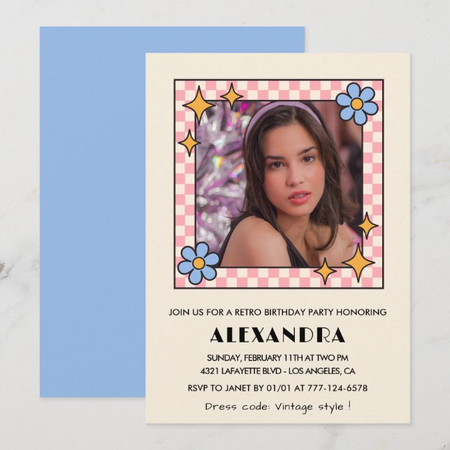 13th birthday invitation Retro Groovy Blue Floral (Front/Back)