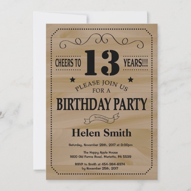 13th Birthday Invitation Rustic Wood (Front)