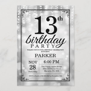13th Birthday Invitation Silver Glitter