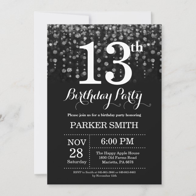 13th Birthday Invitation Silver Glitter (Front)